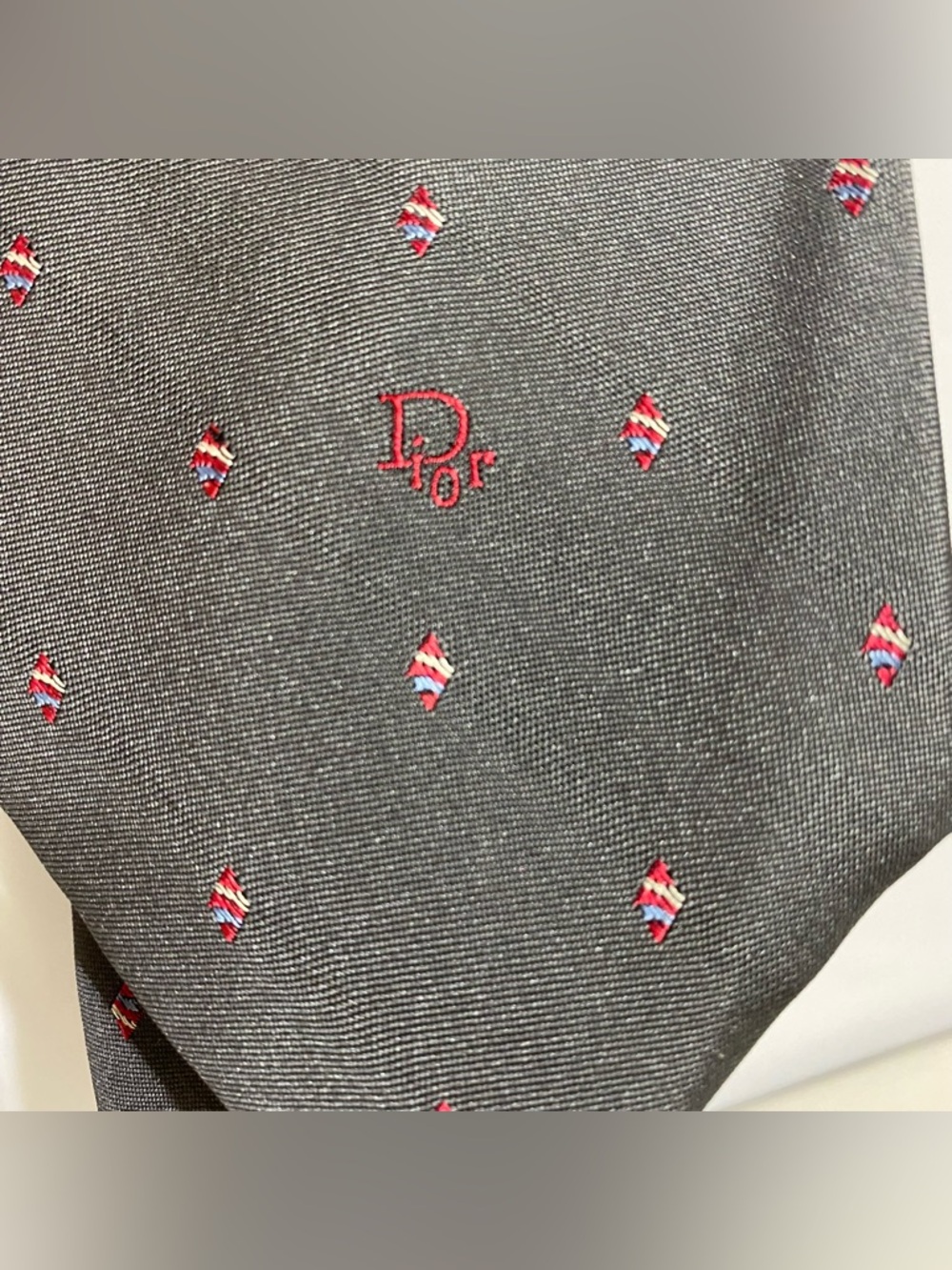 Vintage Christian Dior Men's Grey Polyester/Silk Neck Tie Made In USA Logo
